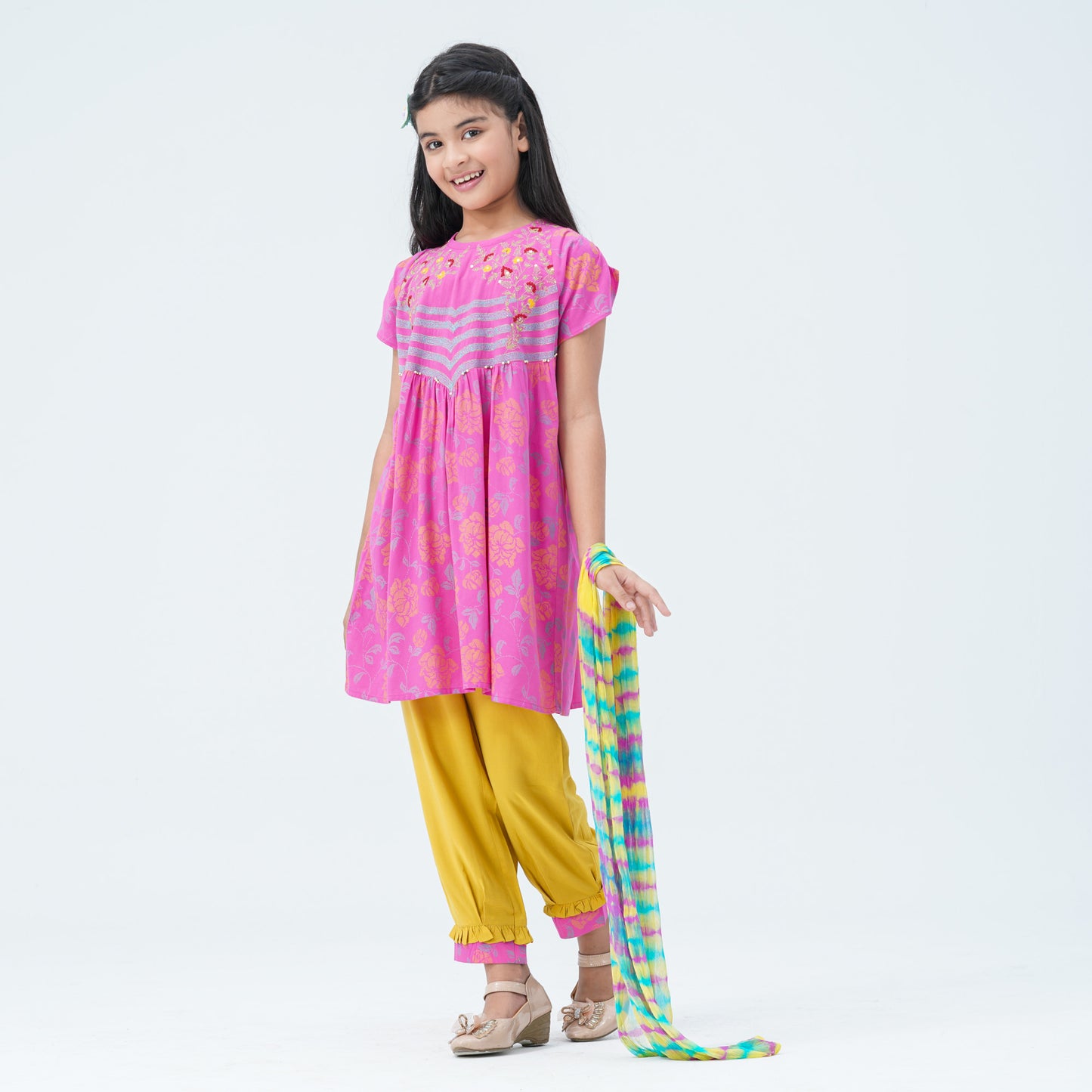 Girls’ Pink & Yellow Embroidered Two Piece Set