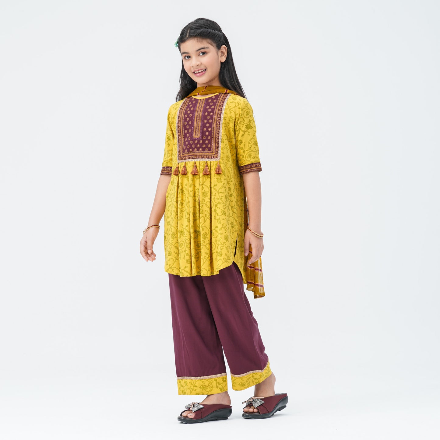 Girl's Mustard & Maroon Floral Three Piece Set