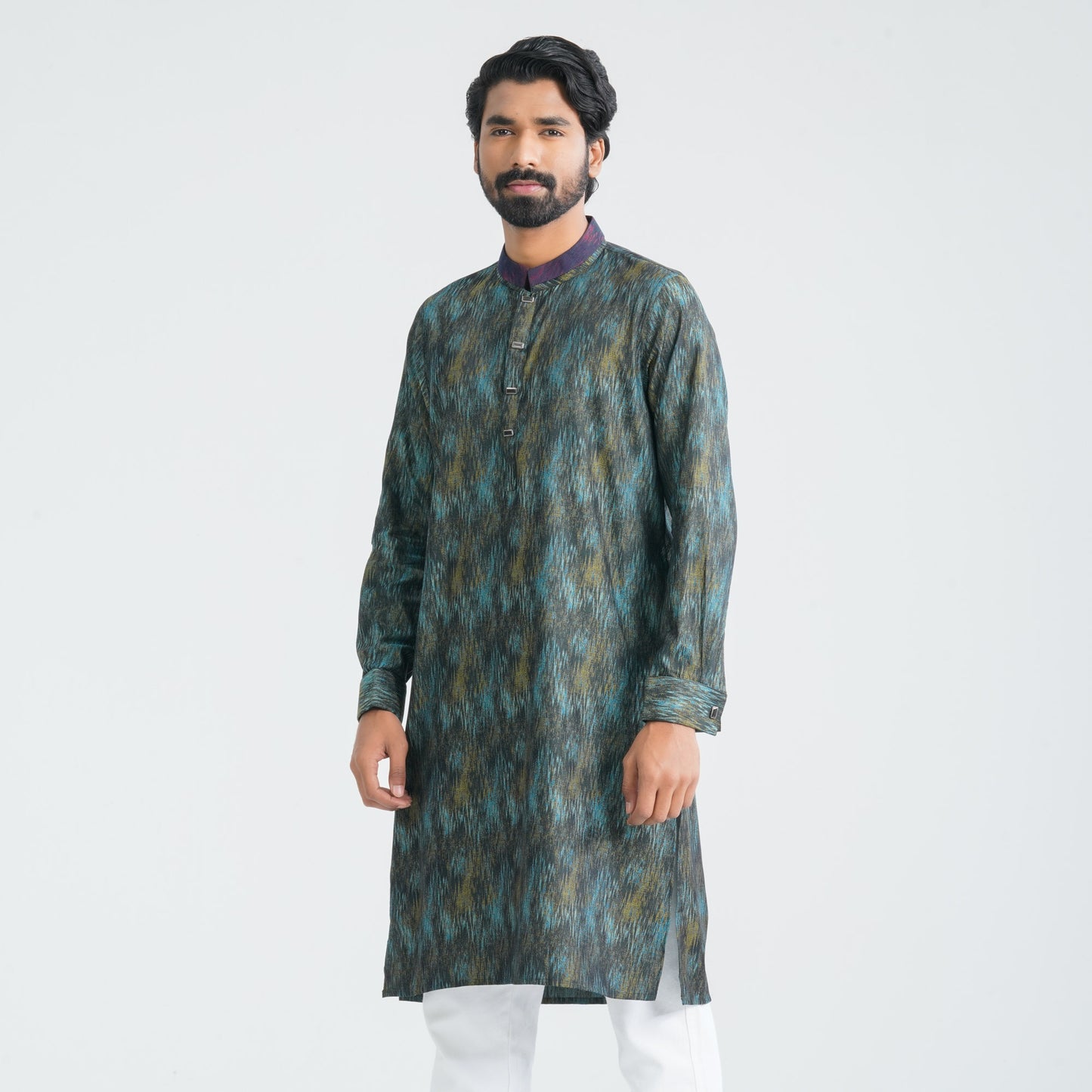 Mens Yellow Black Jacquard Panjabi