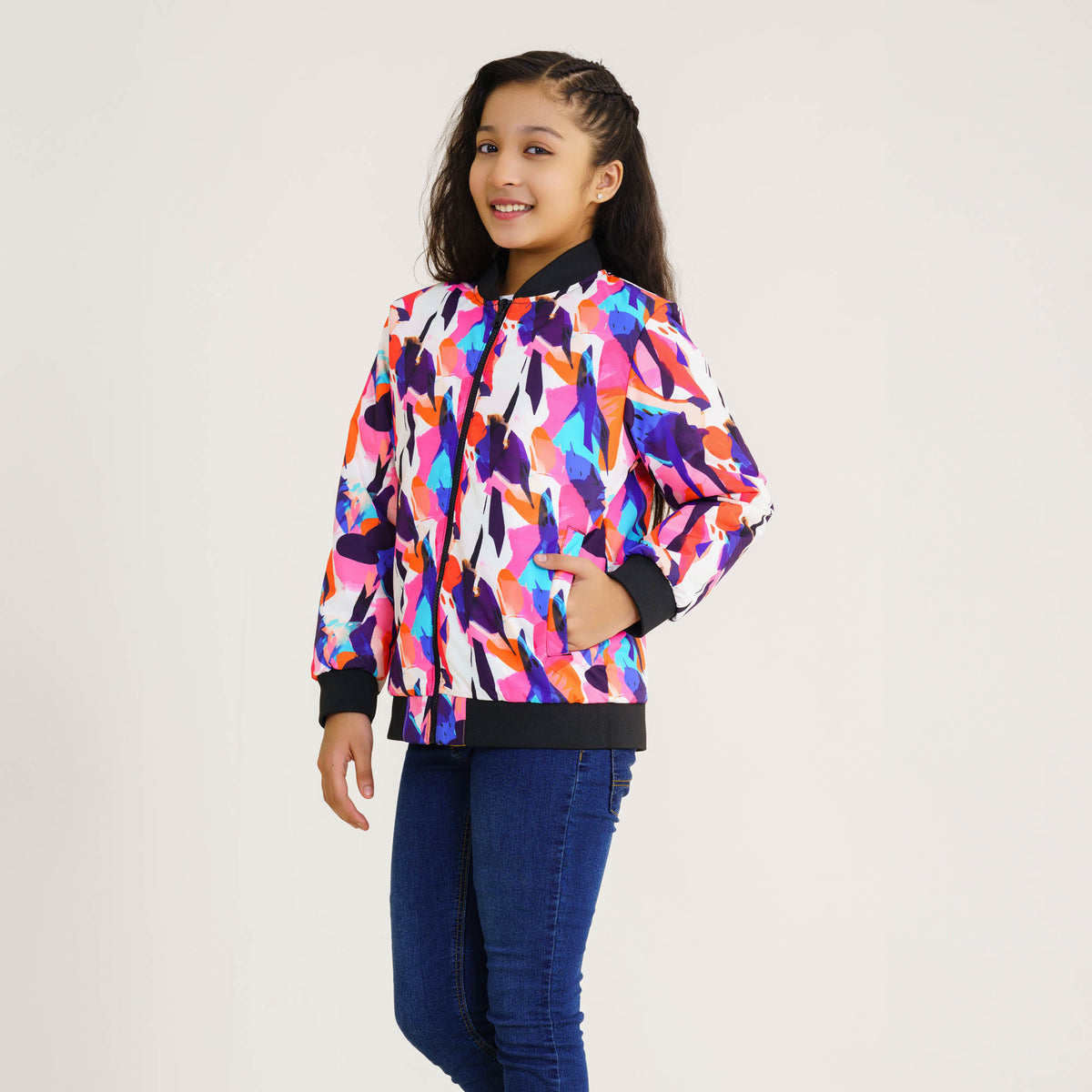 Girls Multi Color Aop Reversible Bomber Jacket