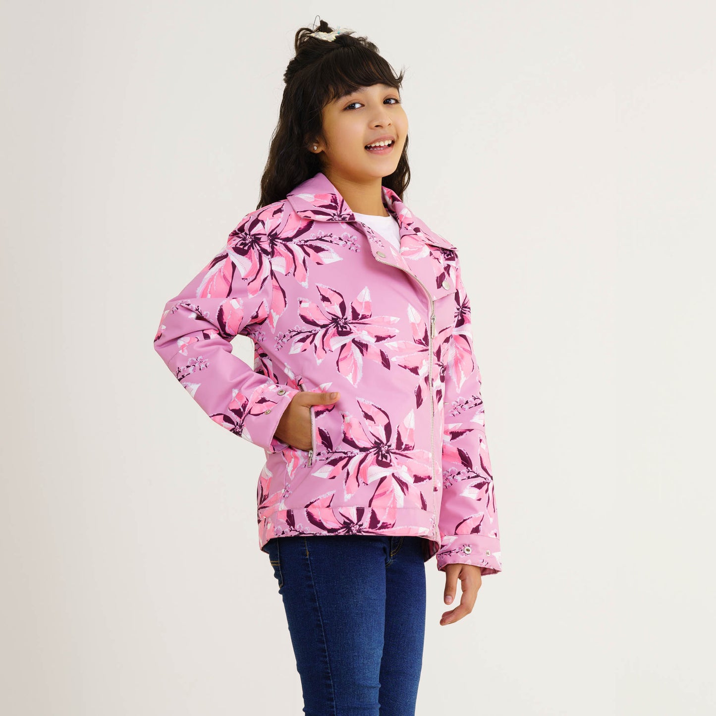 Girls Pink Printed Shacket