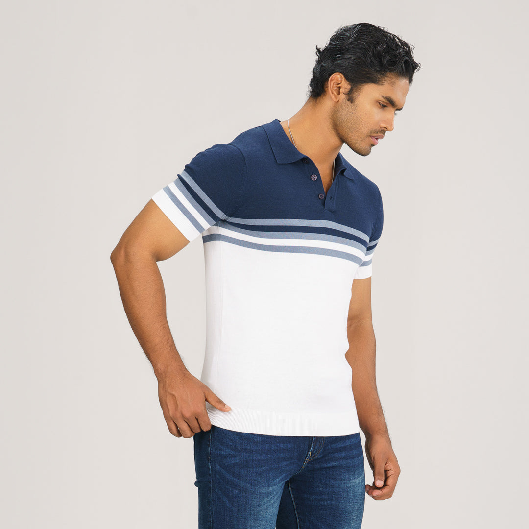Mens Navy & Light Blue Striped Polo Sweater