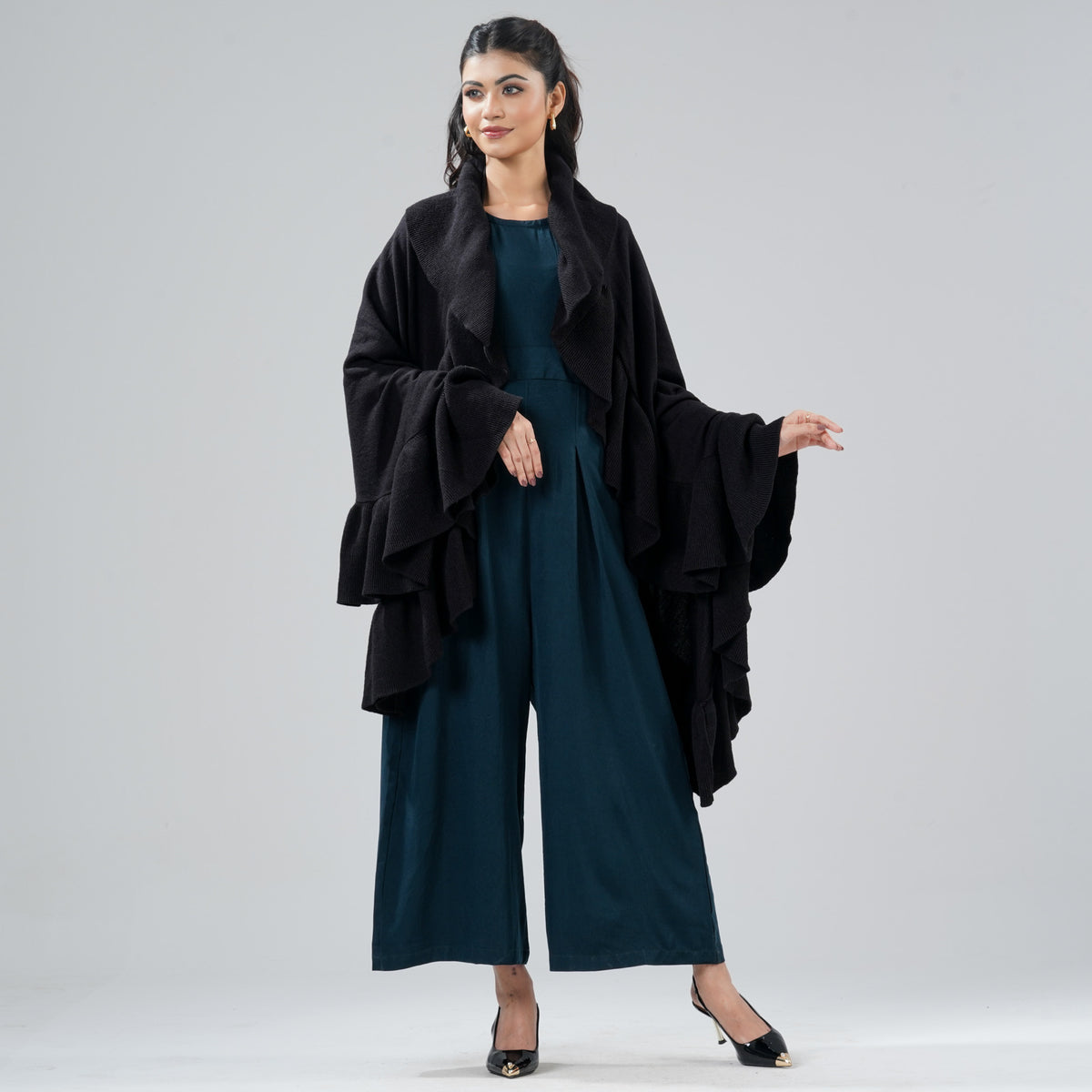 Womens Black Ruffle Shawl