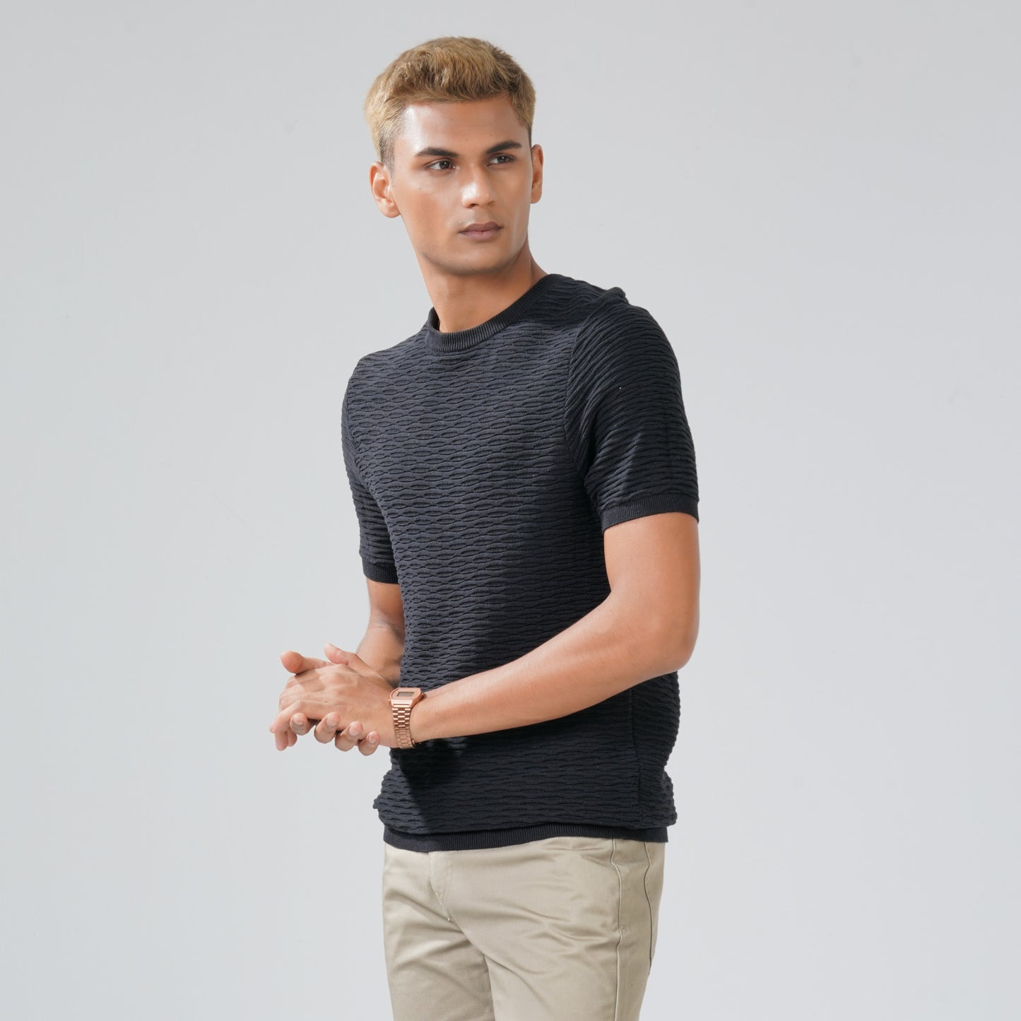 Men's Black Textured Sweater T-Shirt