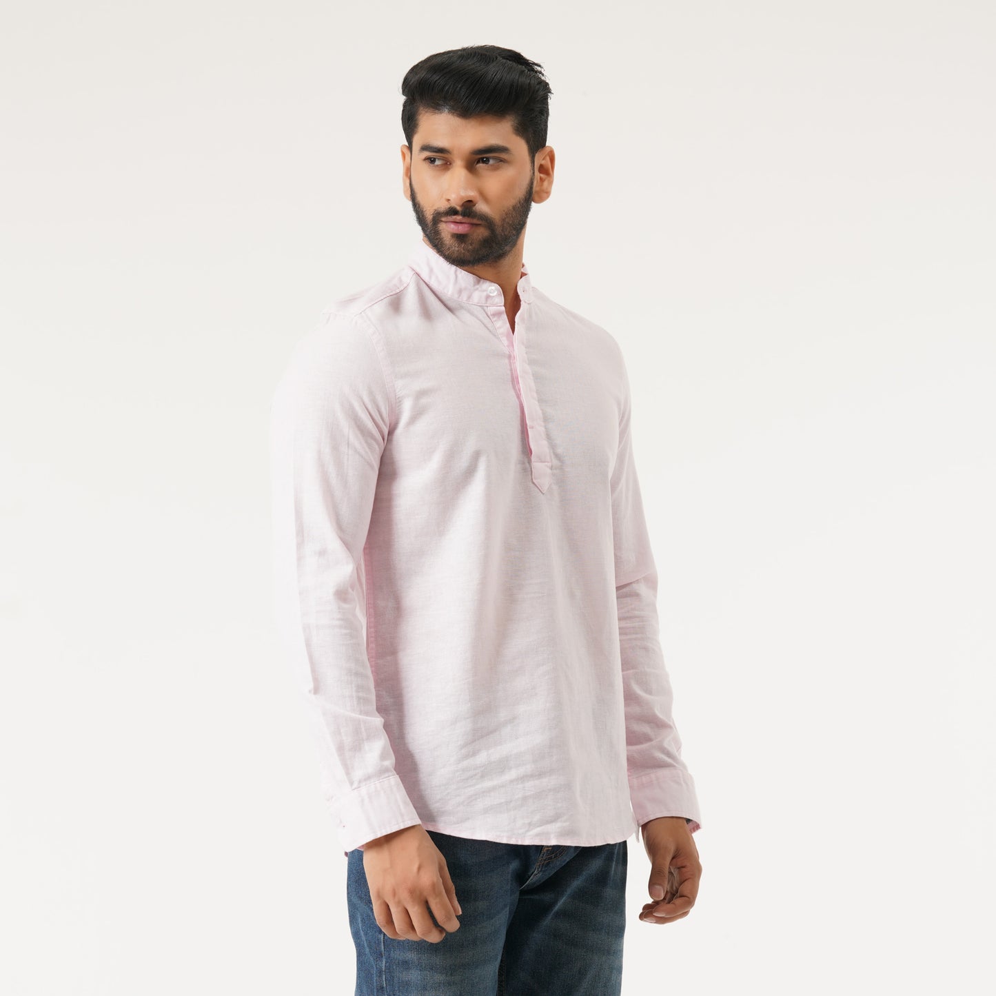 Mens L/S Baby Pink Band Collar Shirt