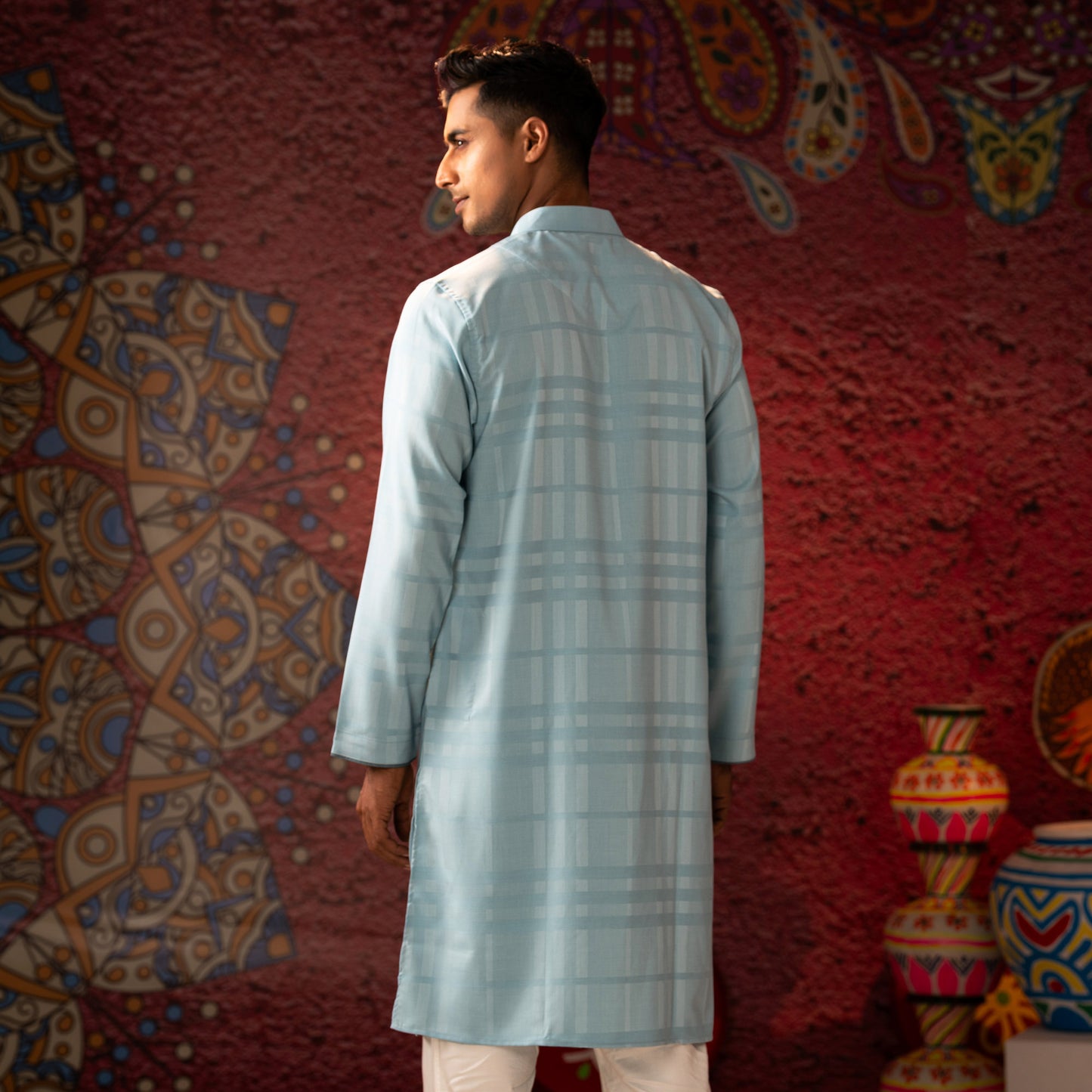 Mens Grey Blue Basic Panjabi