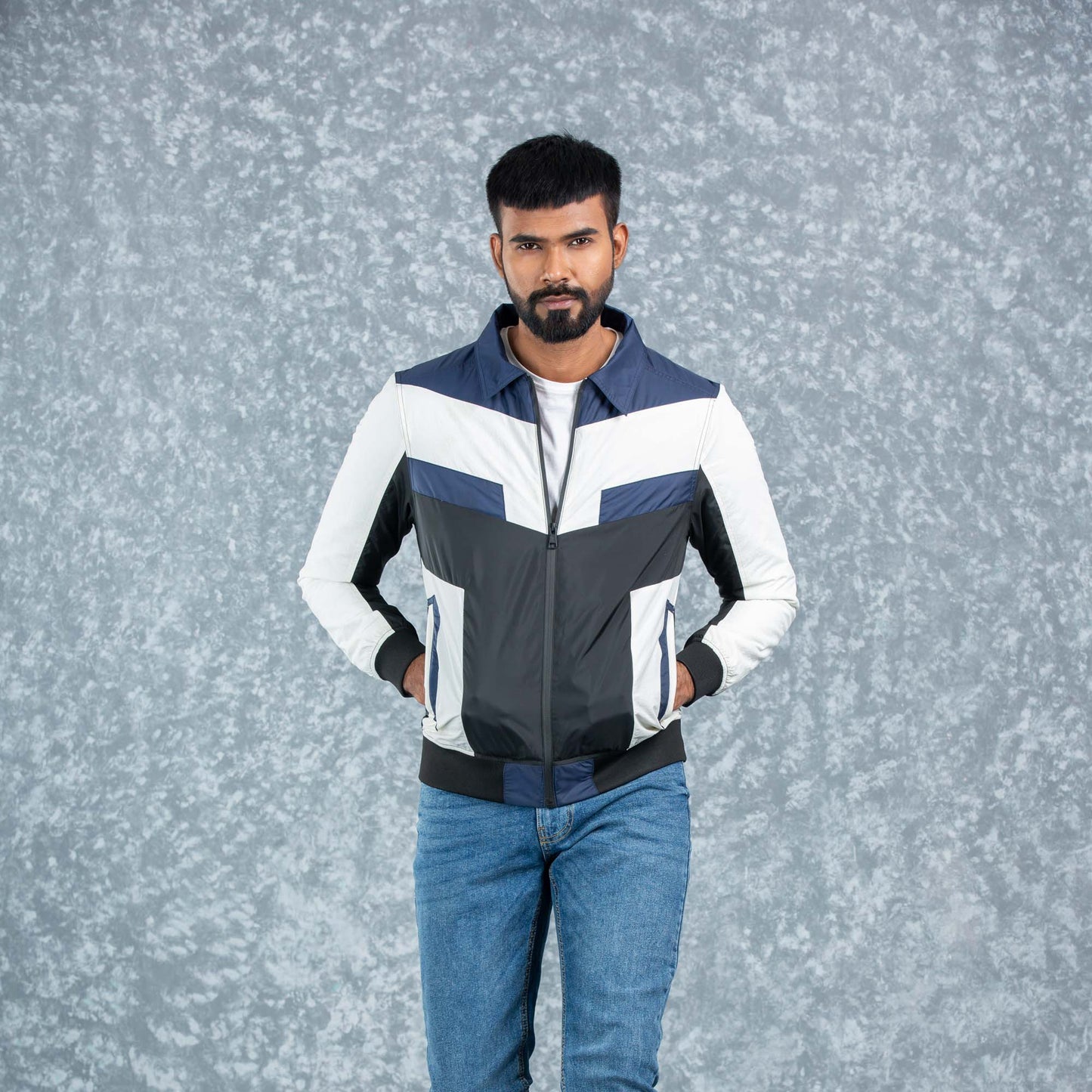 Mens Bomber Jacket- Navy/White/Black