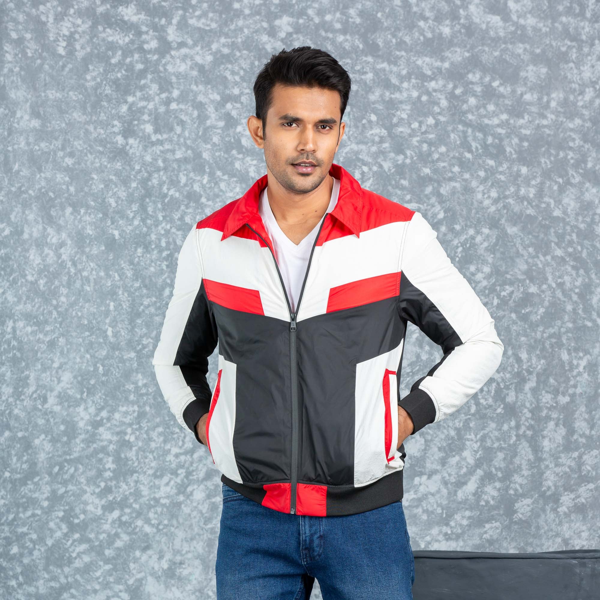 Red black and store white bomber jacket