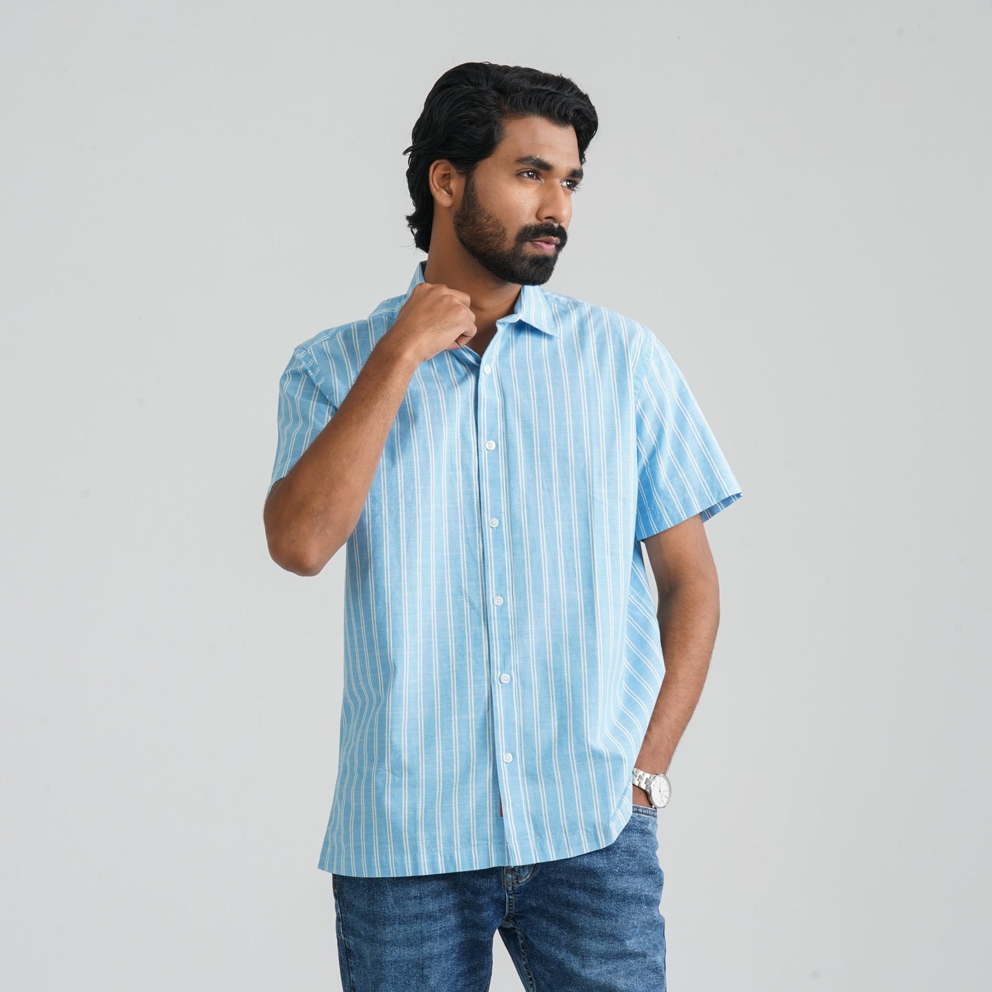 Men's Sky & White Cotton Shirt