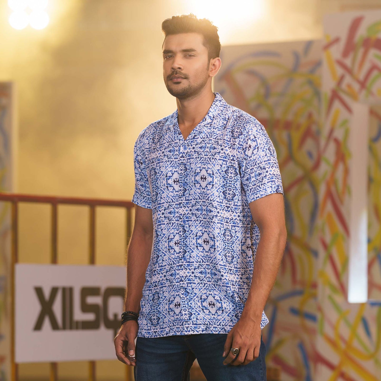 Mens Blue-White Cuban Shirt