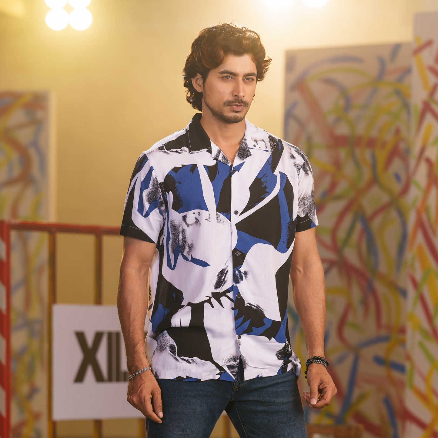 Mens Blue-Black Cuban Shirt