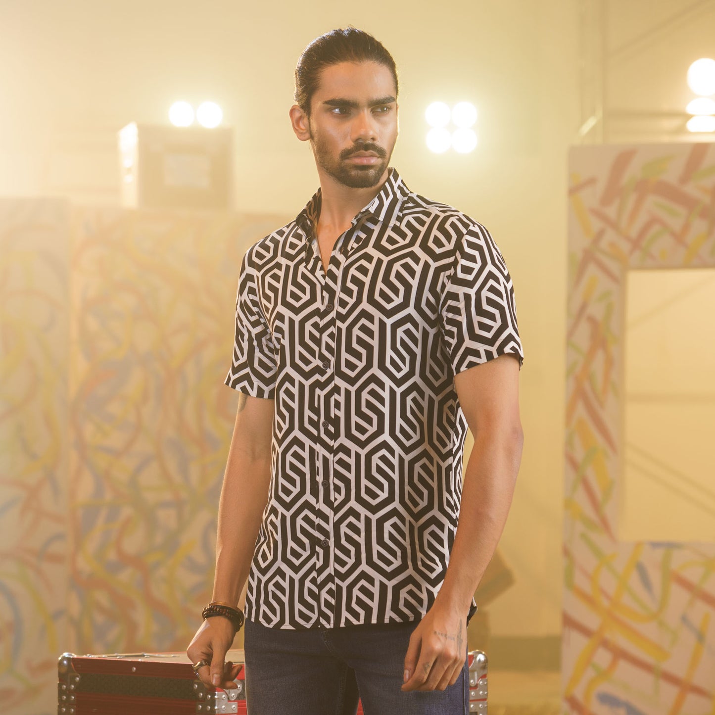 Mens Black-White Print Shirt