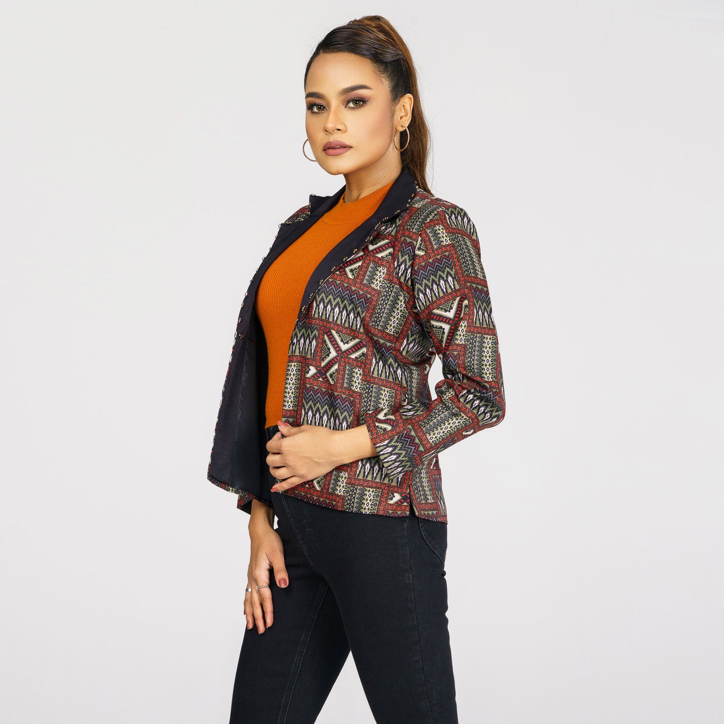 Womens Black & Olive Ethnic Jacket
