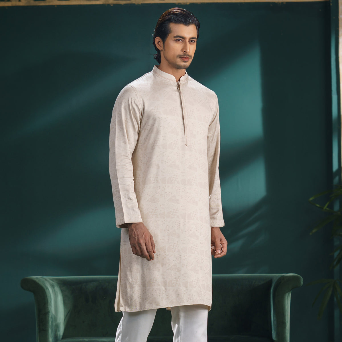 Mens Ivory Printed Panjabi
