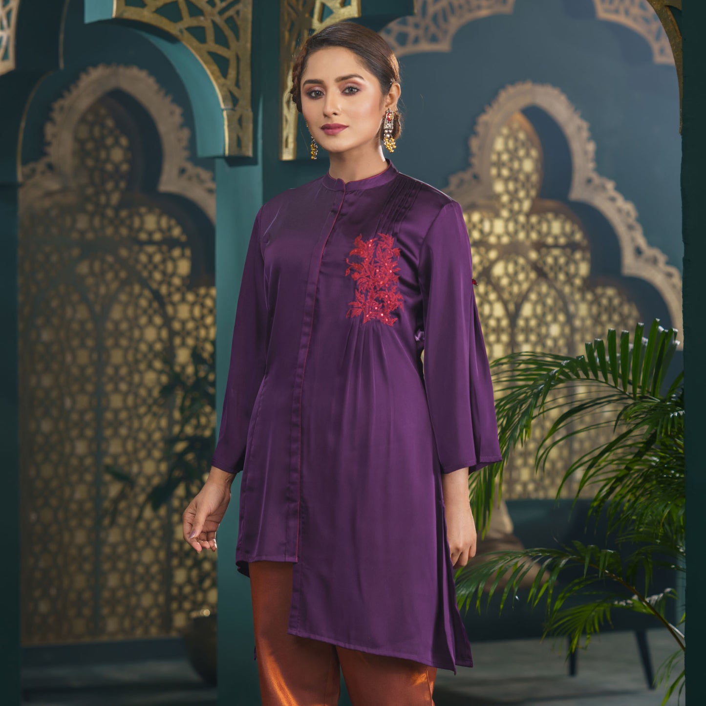 Womens Purple Embroidered Silk Tunic