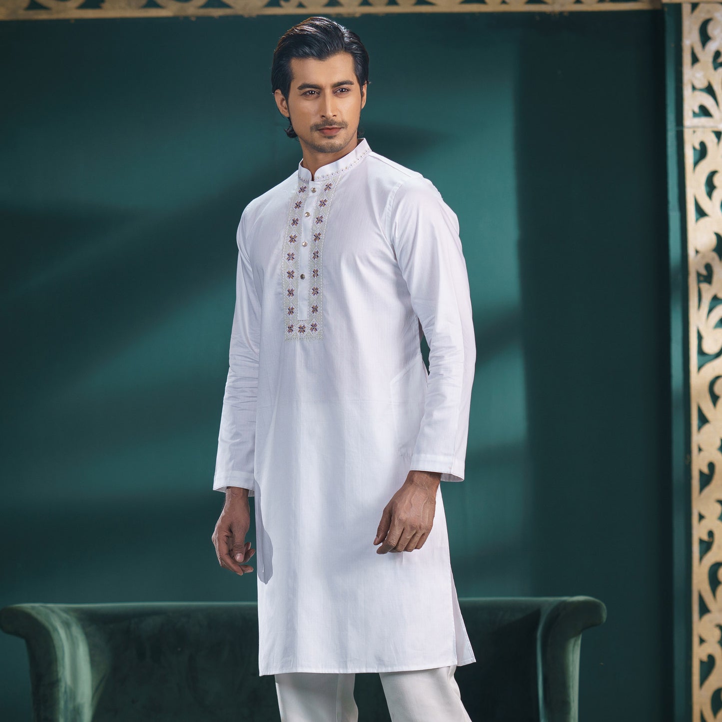 Mens White Embroidery Panjabi