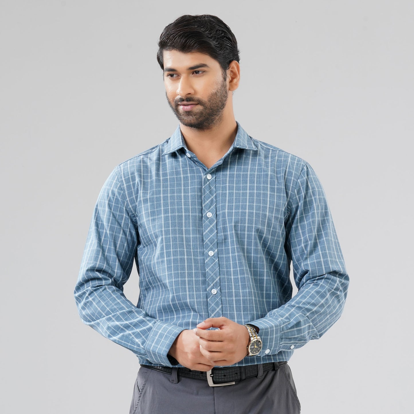 Mens Cotton Blended Blue Check Shirt