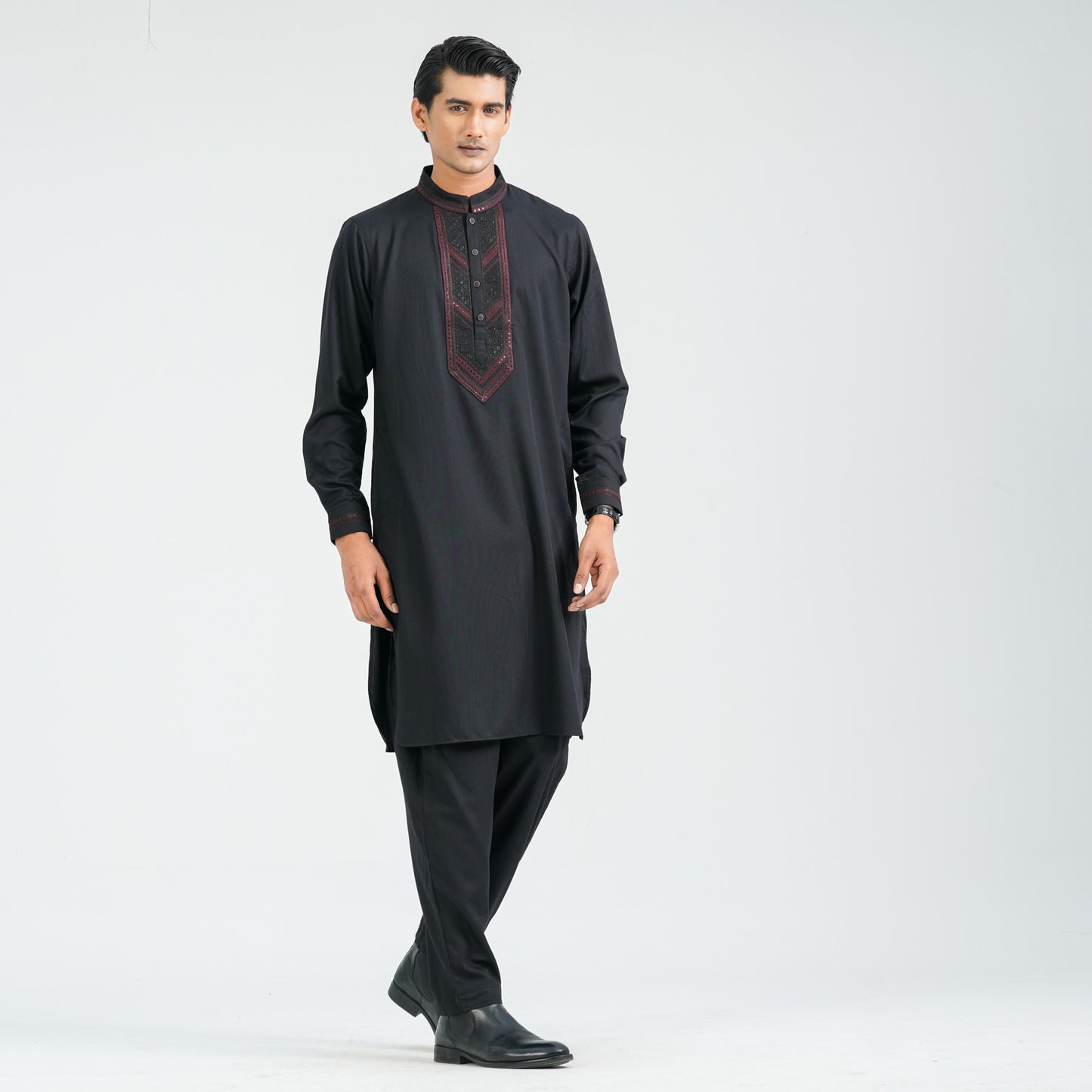 Men’s Black Embroidered Viscose Kabli