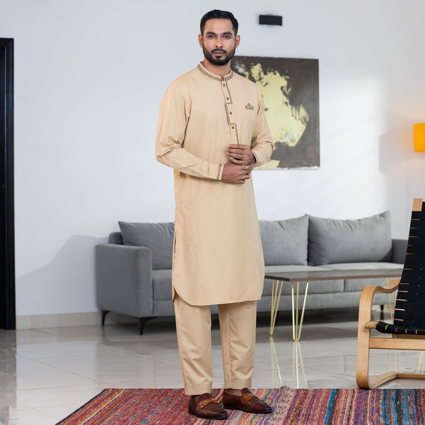 Mens Khaki Embroidery Kabli Set
