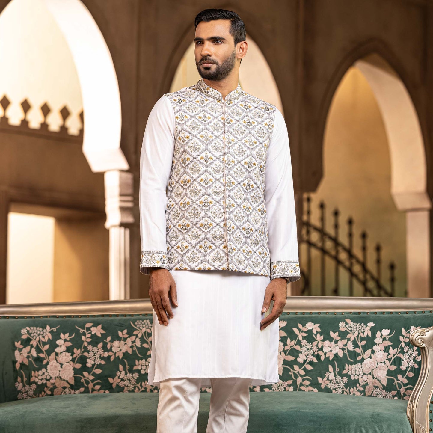 Mens White Embroidered Two Piece Set