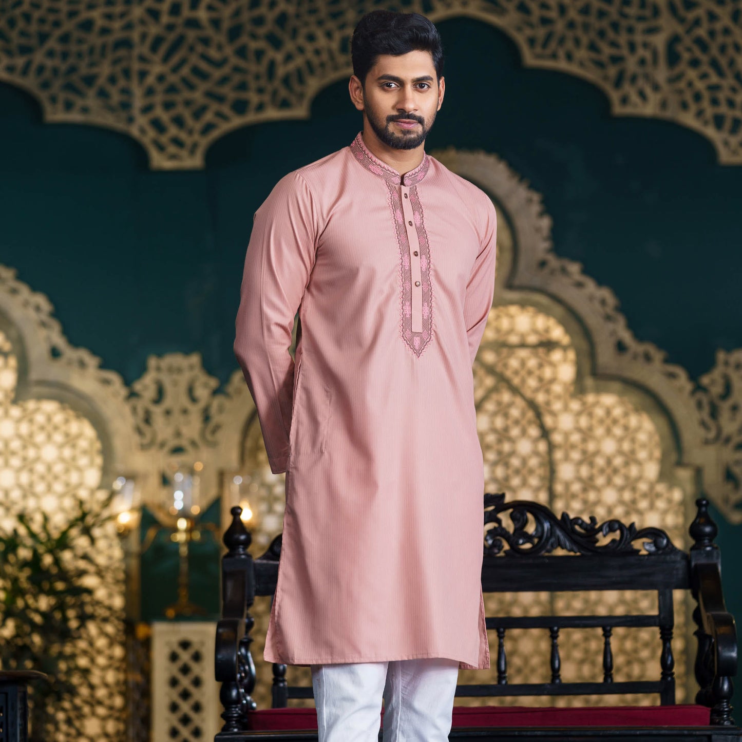 Mens Pink Embroidered Panjabi