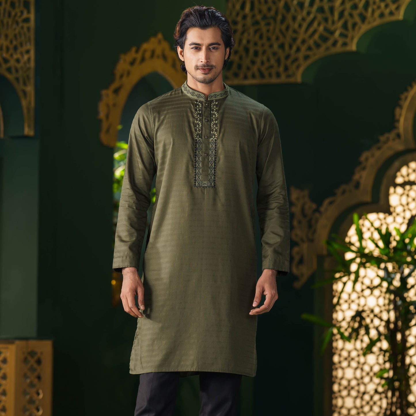 Mens Olive Green Embroidered Panjabi