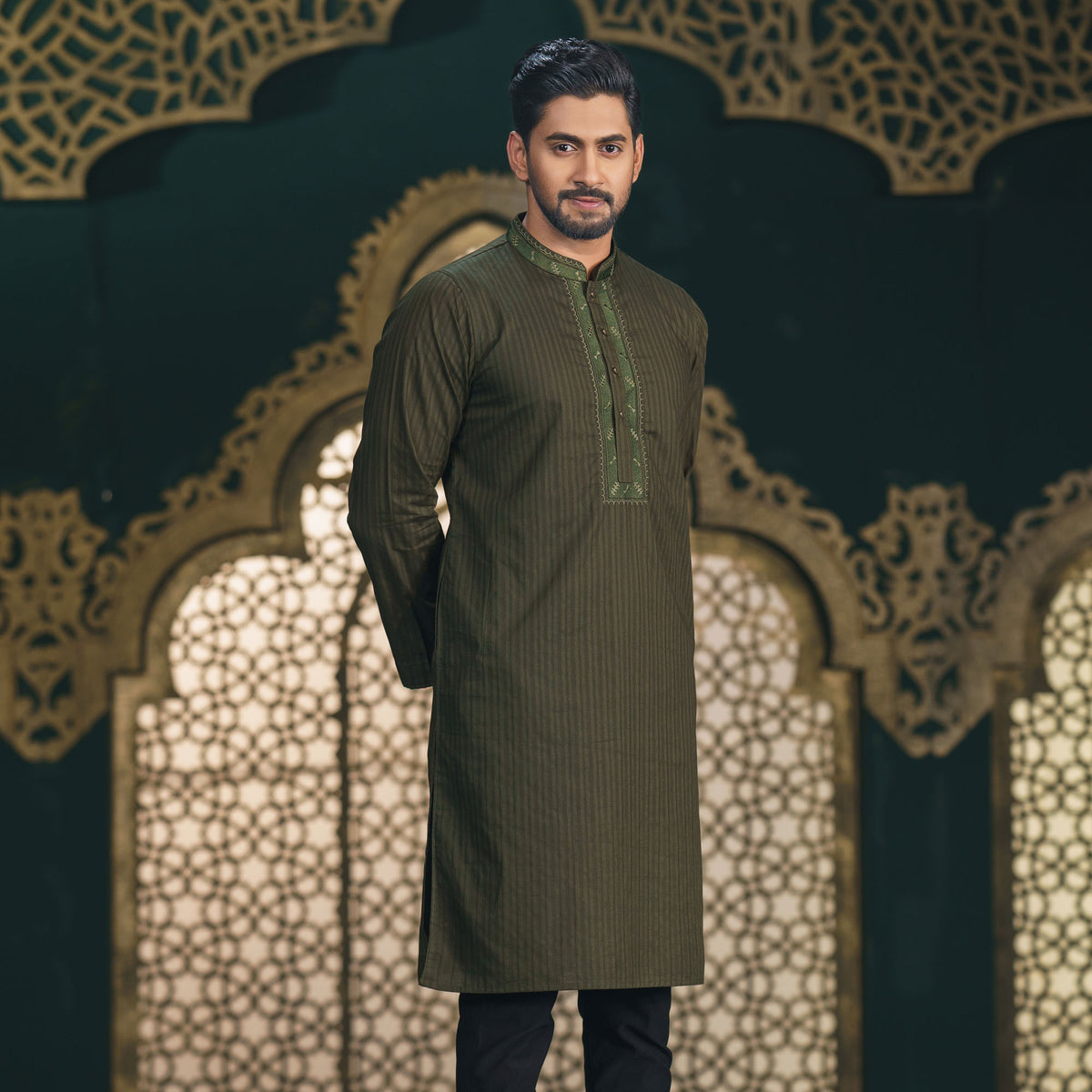 Mens Olive Embroidered Panjabi