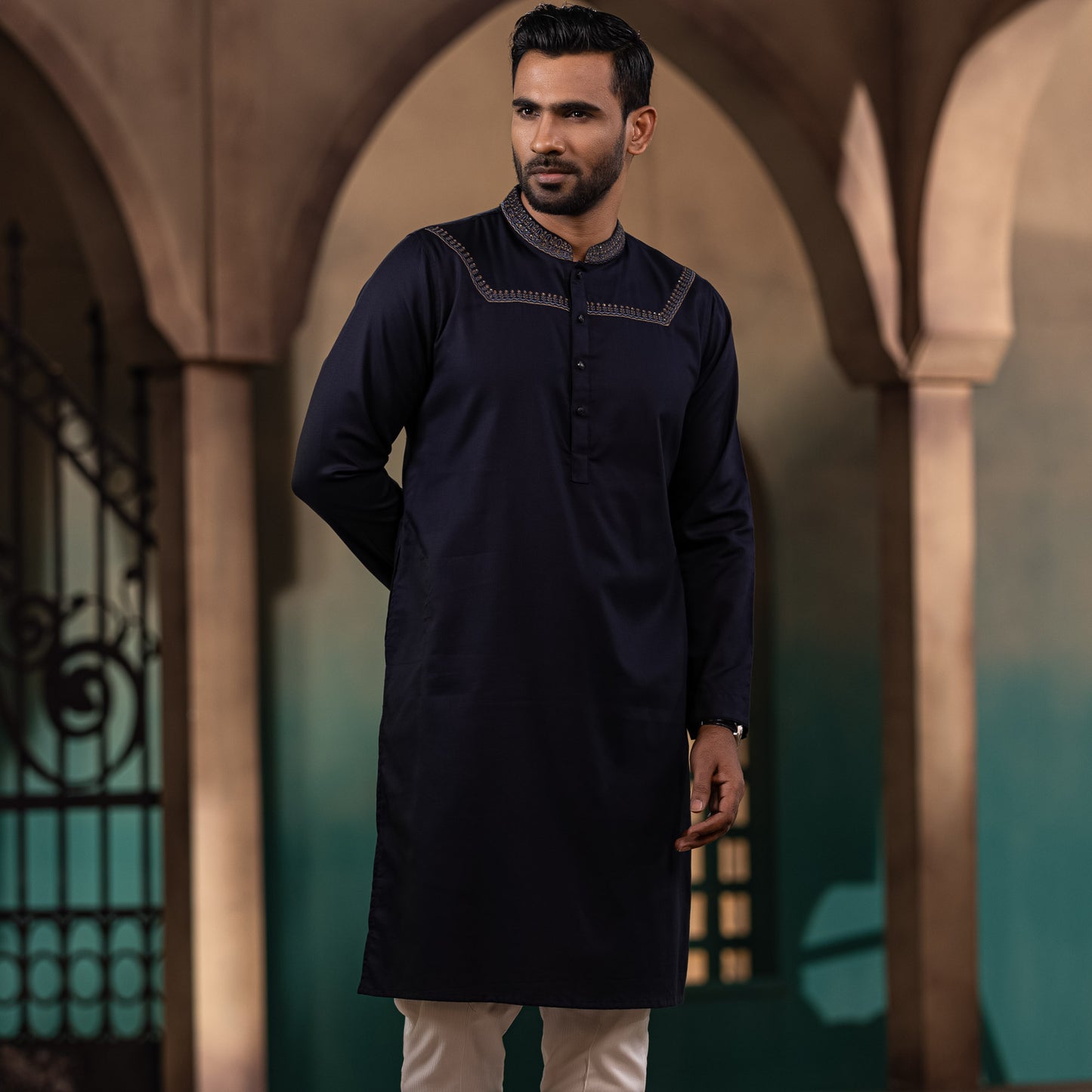 Mens Navy Karchupi Panjabi