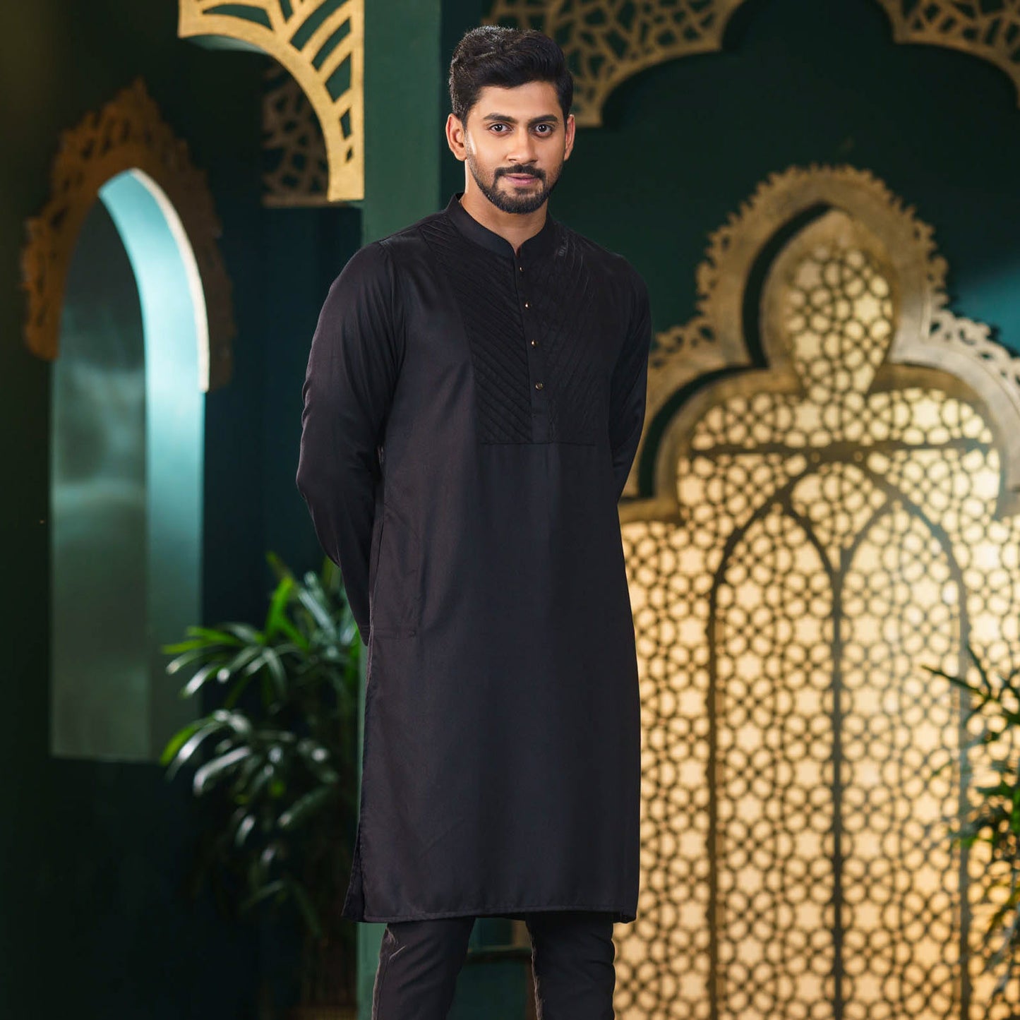 Mens Black Pintuck Panjabi