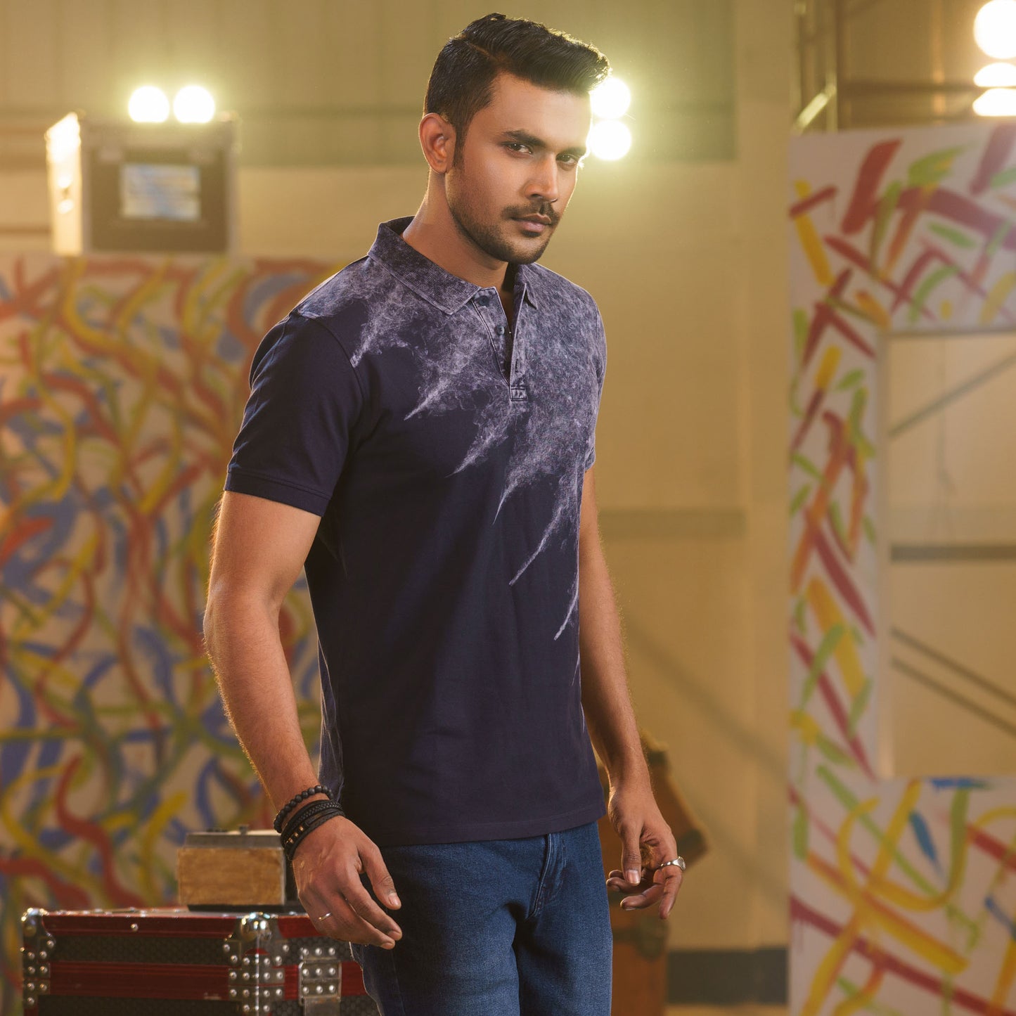 Mens Navy Tie-Dye Polo