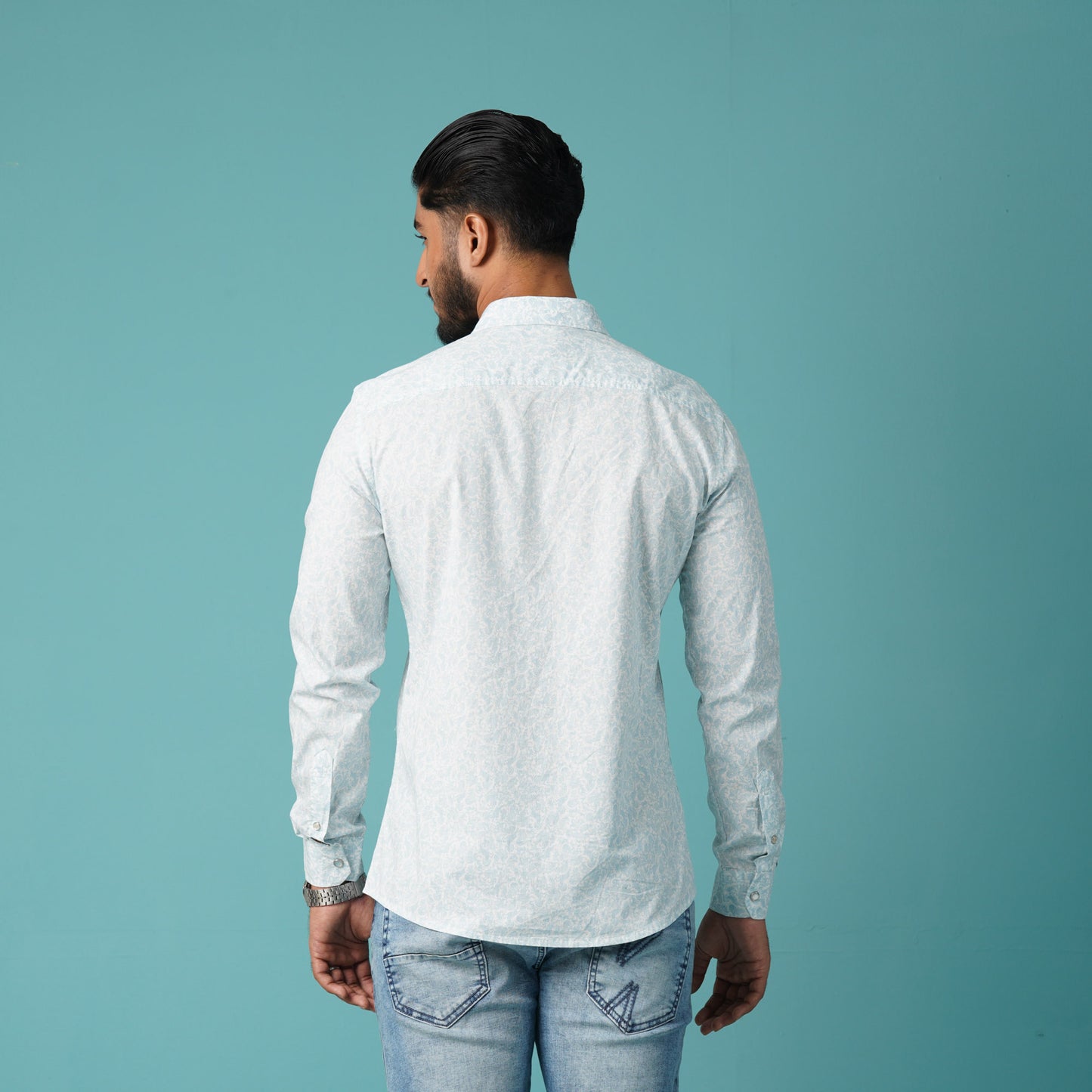 Mens Long Sleeve Shirt Sky-Blue Printed Shirt