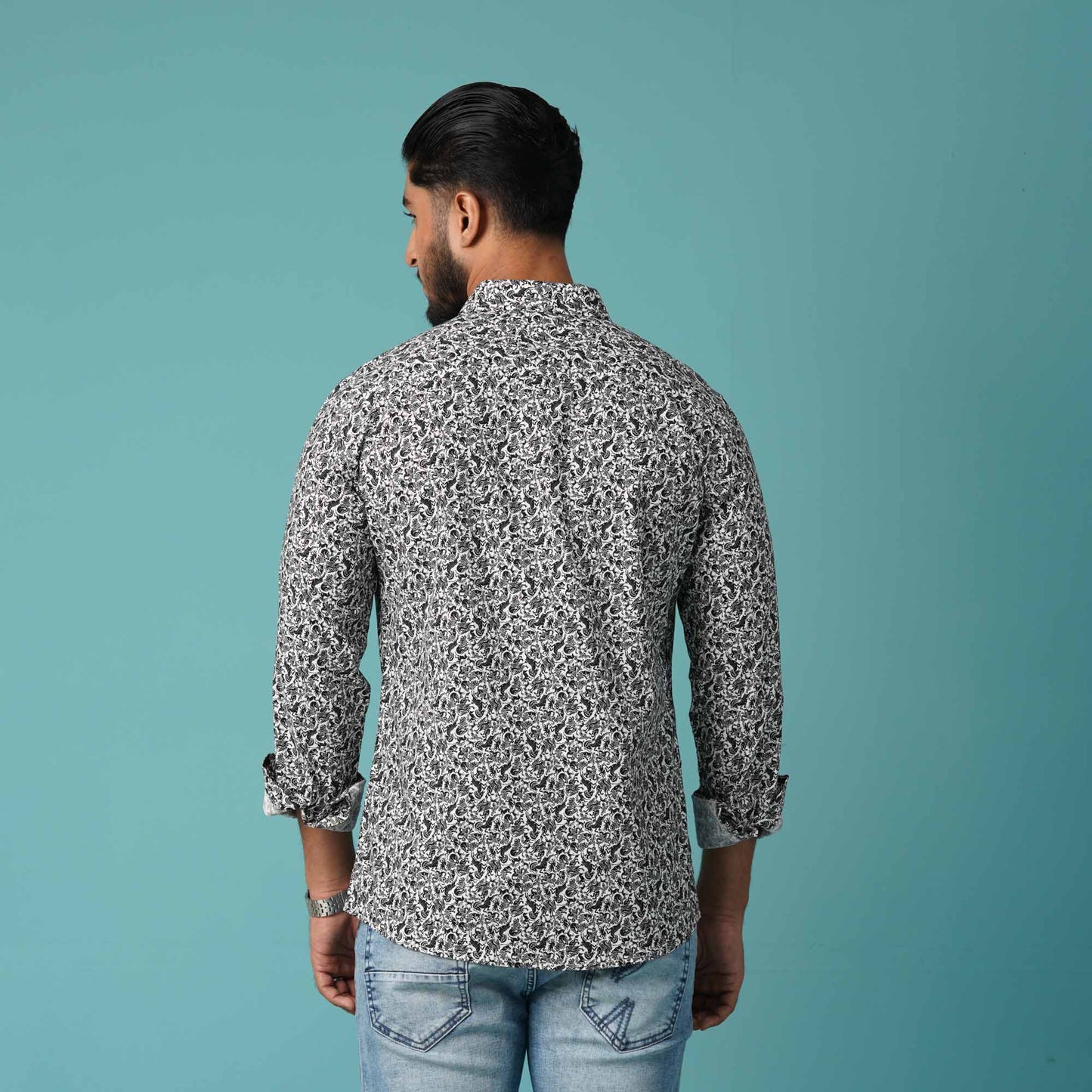 Mens Long Sleeve Shirt -BLACK WHITE AOP