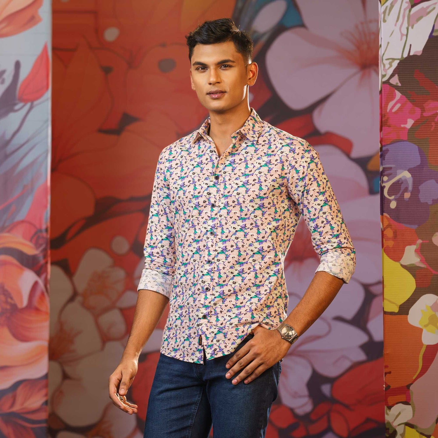 Mens Long Sleeve Shirt -PINK/GREEN