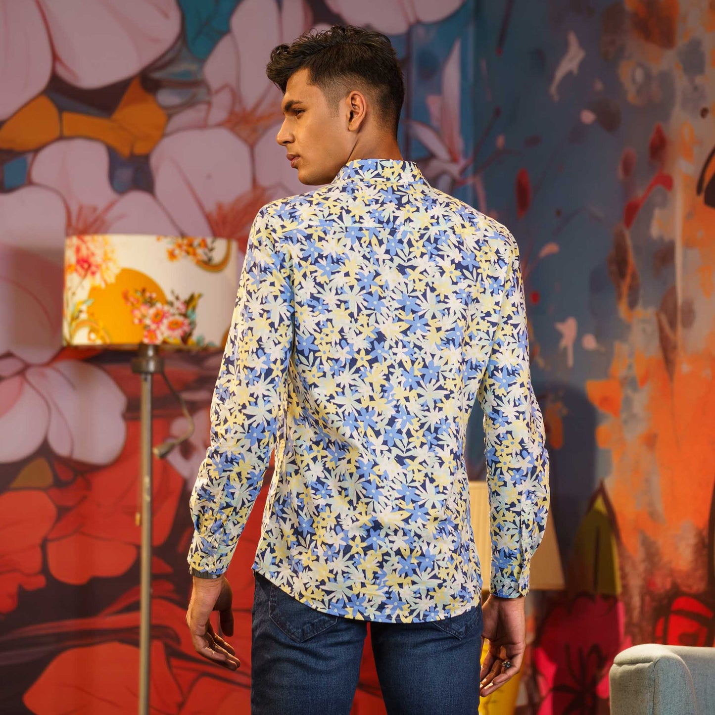 Mens Long Sleeve Shirt-BLUE/YELLOW