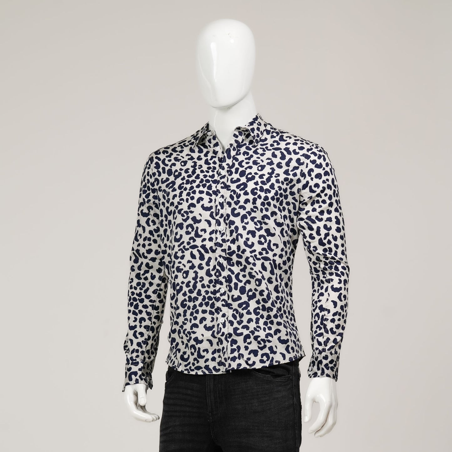 Mens Cream & Navy Striped L/S Shirt