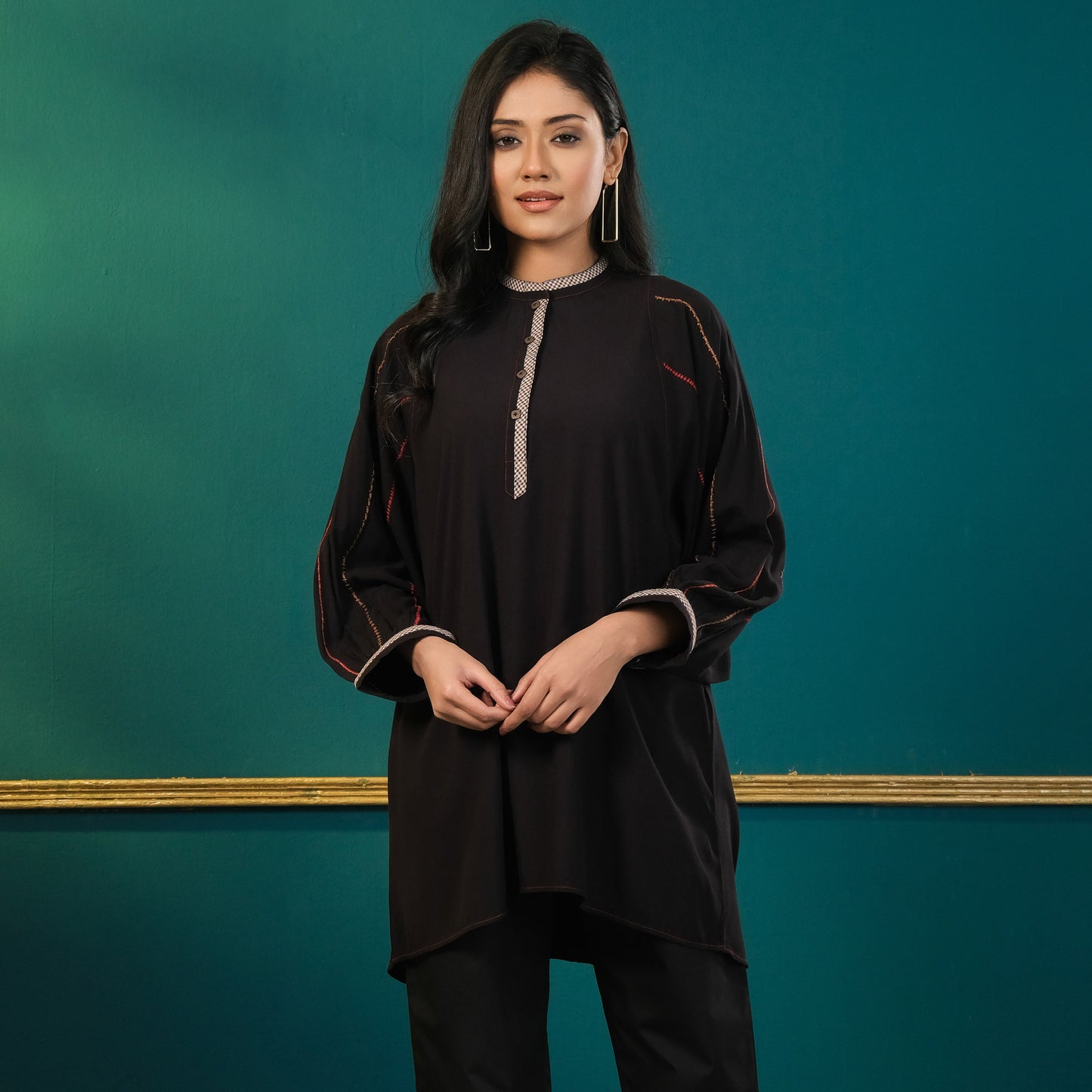 Womens Black Printed Embroidered Top