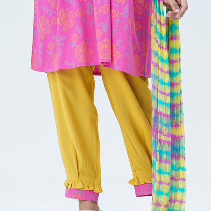 Girls’ Pink & Yellow Embroidered Two Piece Set