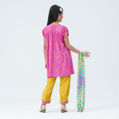 Girls’ Pink & Yellow Embroidered Two Piece Set