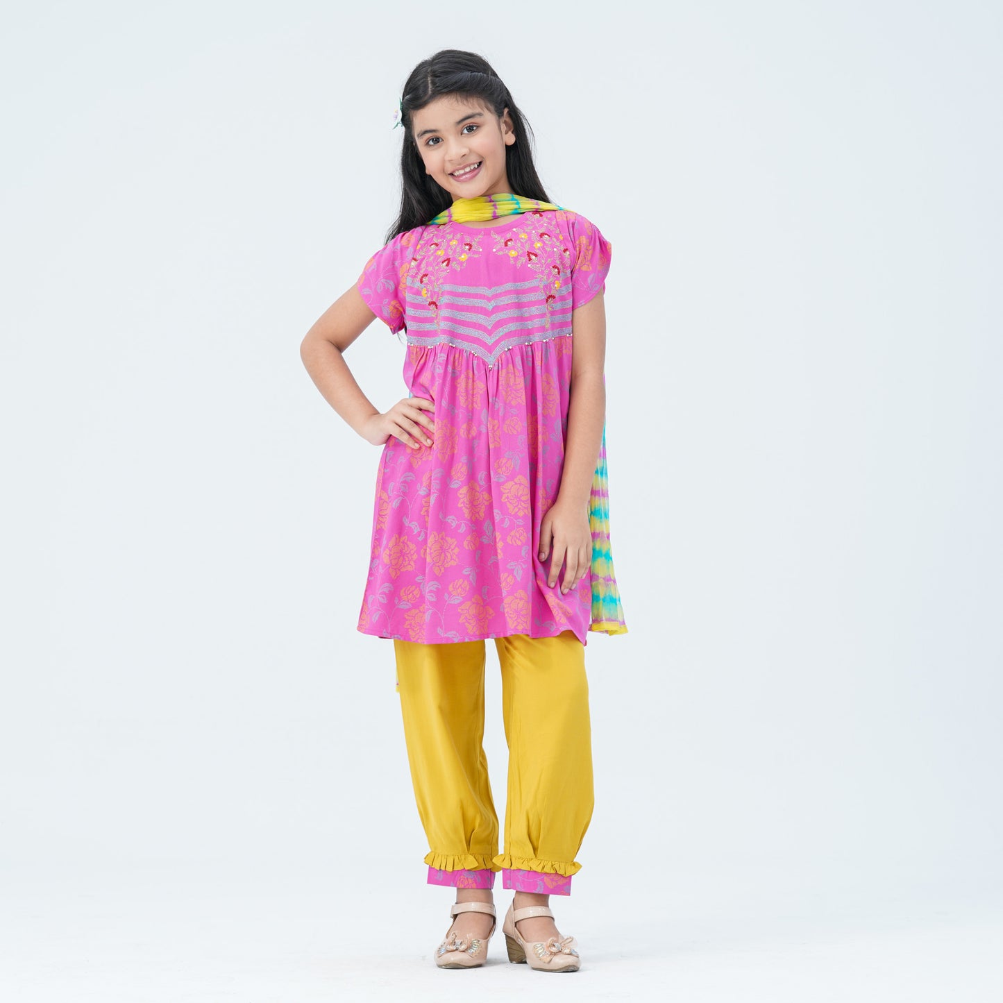Girls’ Pink & Yellow Embroidered Two Piece Set