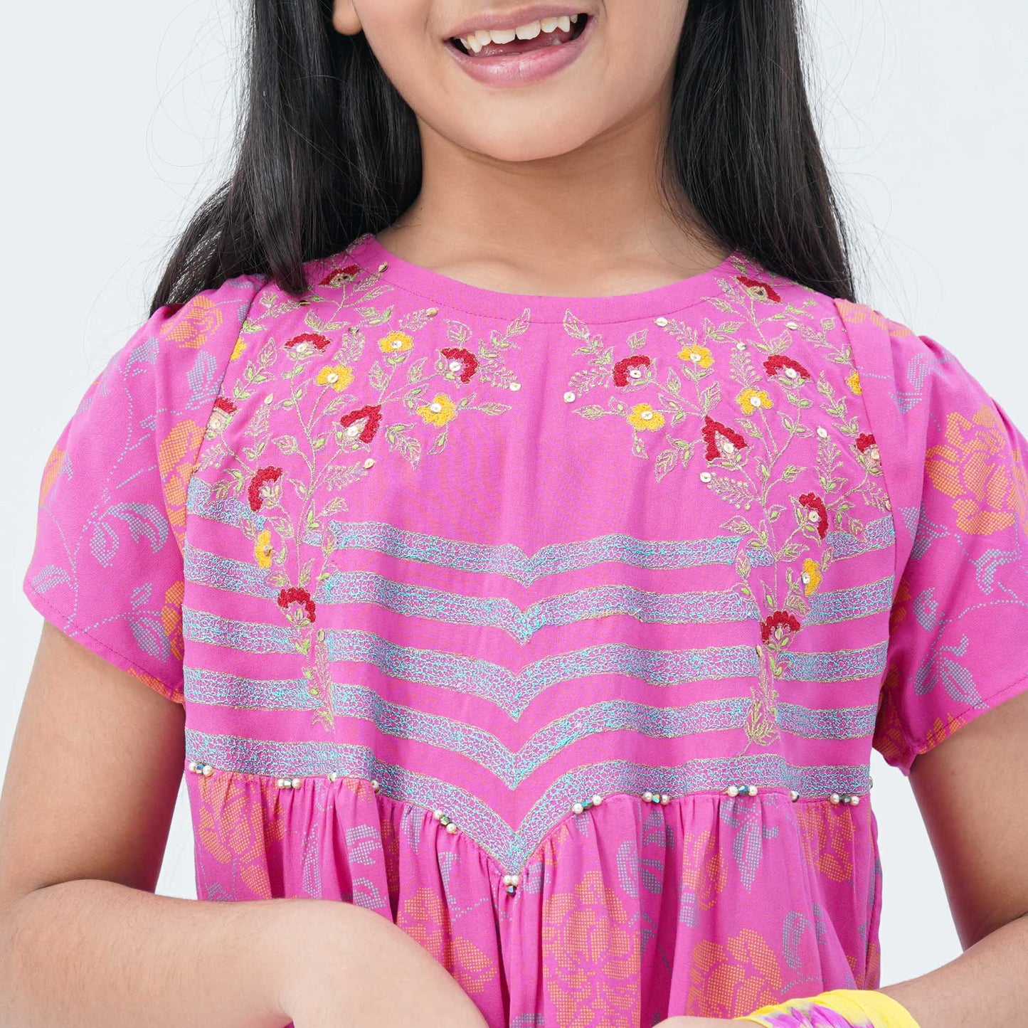 Girls’ Pink & Yellow Embroidered Two Piece Set