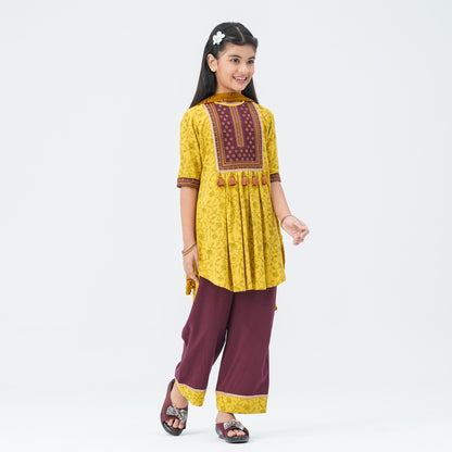 Girl's Mustard & Maroon Floral Three Piece Set