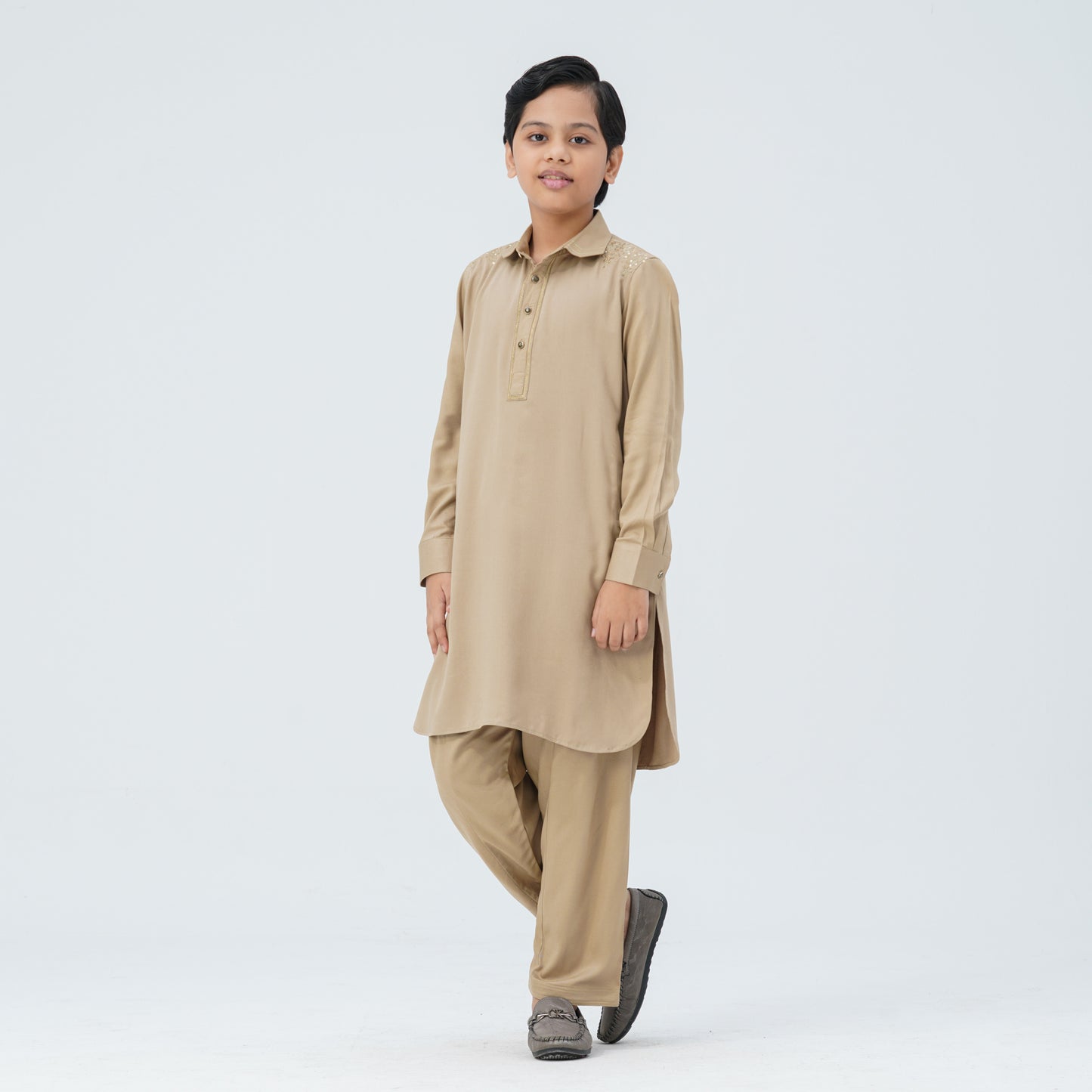 Boy's Beige Viscose Embroidered Kabli