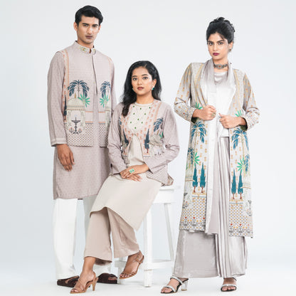 Women’s Beige Three Piece Set with Digital Print Jacket