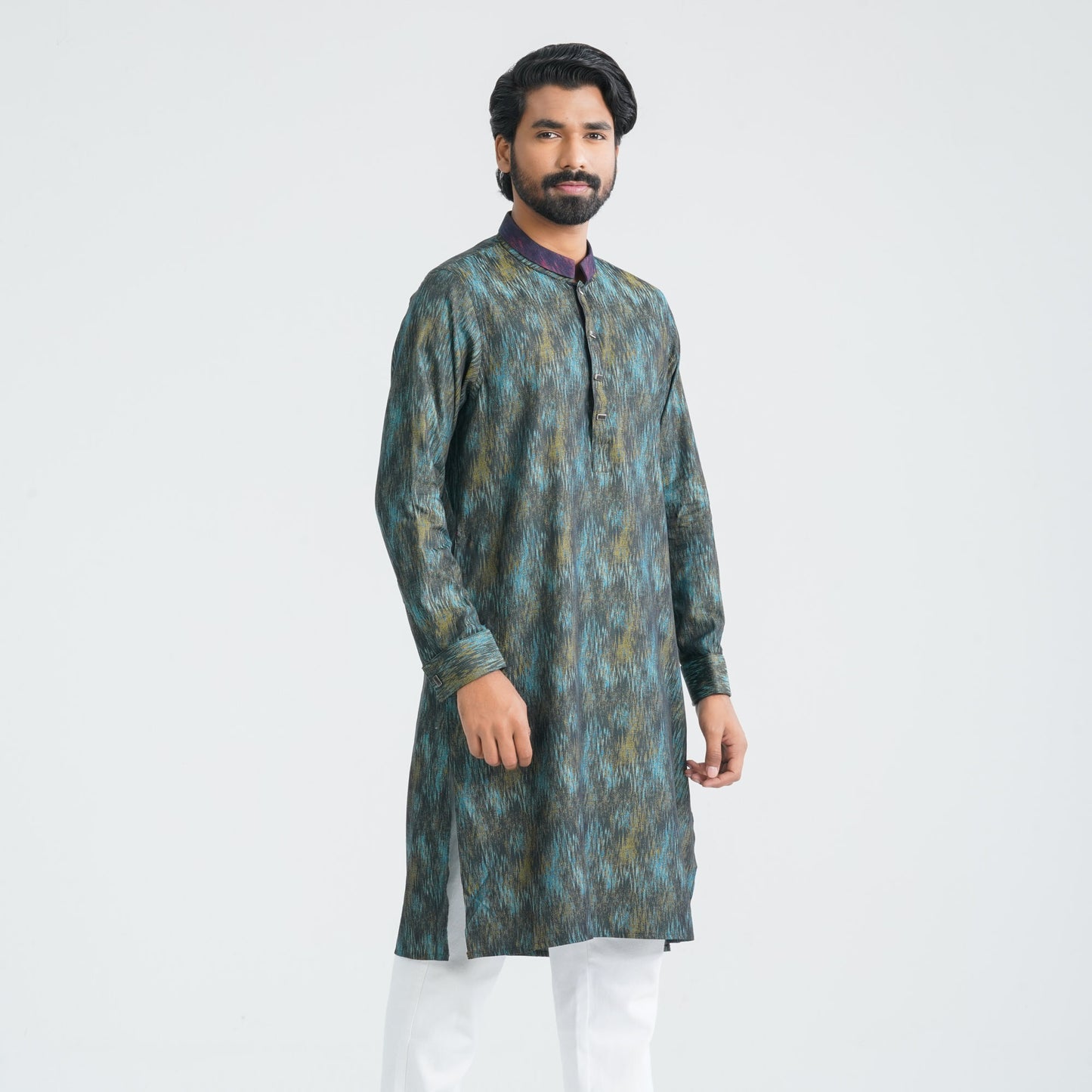 Mens Yellow Black  Jacquard  Panjabi