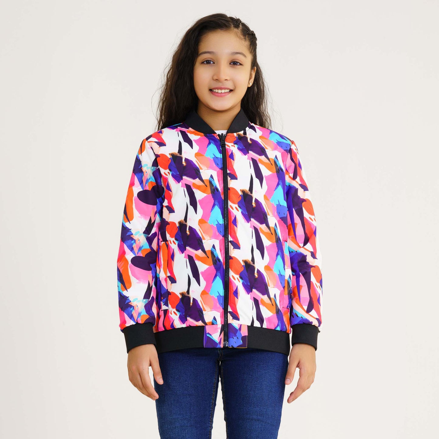 Girls Multi Color Aop Reversible Bomber Jacket