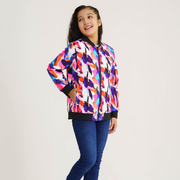 Girls Multi Color Aop Reversible Bomber Jacket