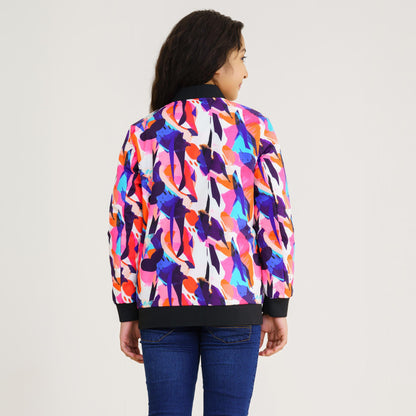 Girls Multi Color Aop Reversible Bomber Jacket