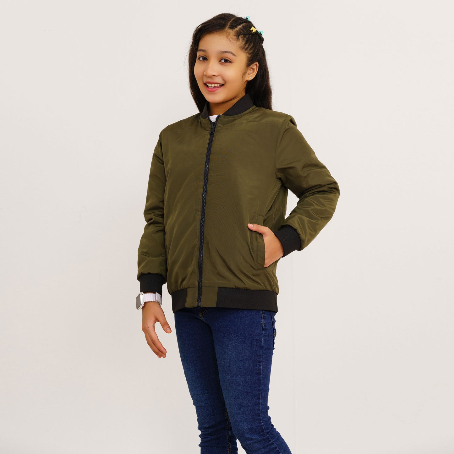 Girls Black Printed Reversible Bomber Jacket