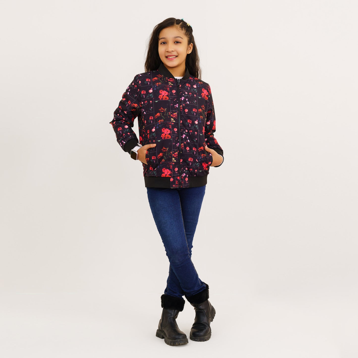 Girls Black Printed Reversible Bomber Jacket