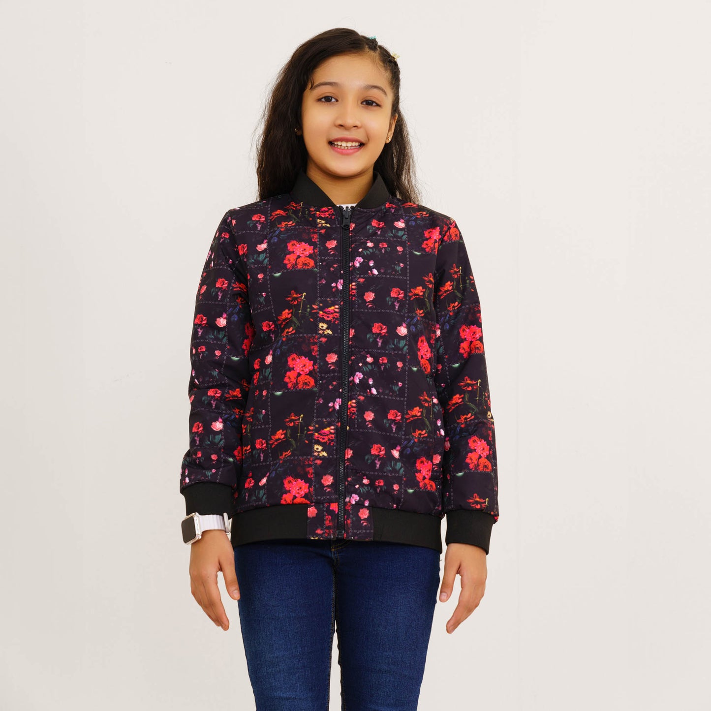 Girls Black Printed Reversible Bomber Jacket